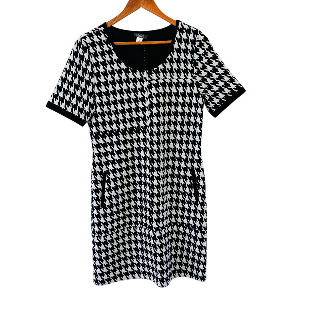 Dolcezza Houndstooth Knit Shift Dress Womens Size S Black Pockets Work Office
